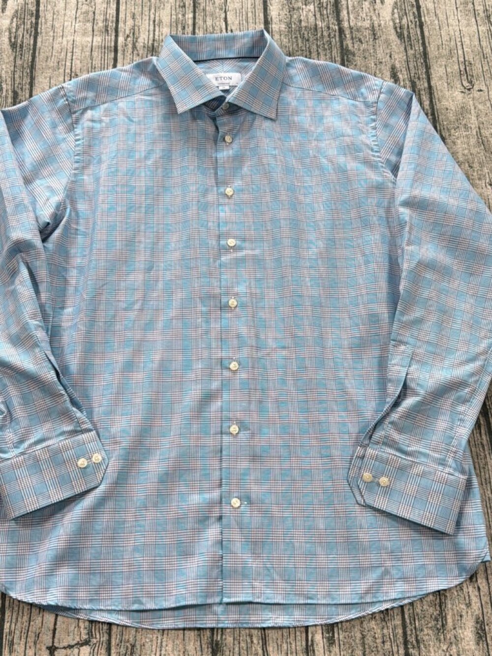 Eton Contemporary Dress Shirt Men's 18 XXL Blue White Glen Plaid Cotton Linen